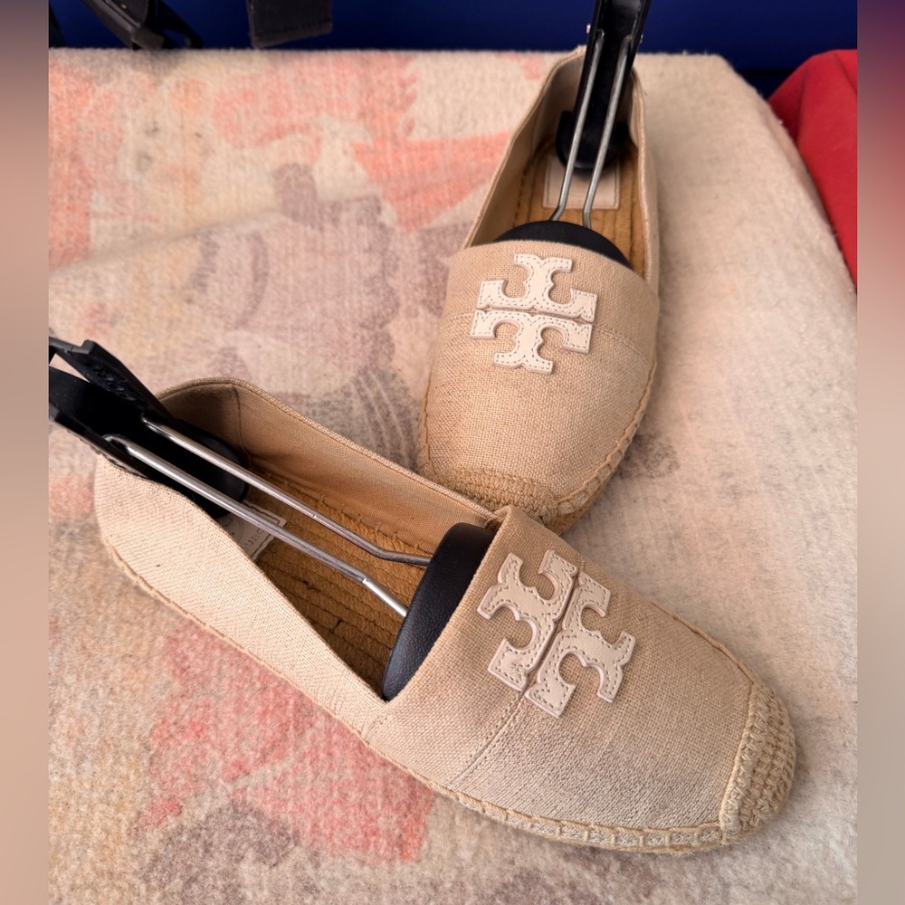 Tory Burch Beige Canvas Espadrilles with White Logo